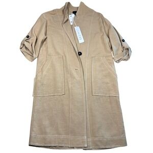 Lumiere Tan Linen Blend Longline Duster Utility Jacket Open Front Roll Tab S NWT